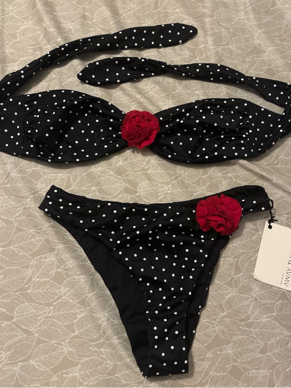 Black Polka Dot Bikini Set with Red Rosette Accent